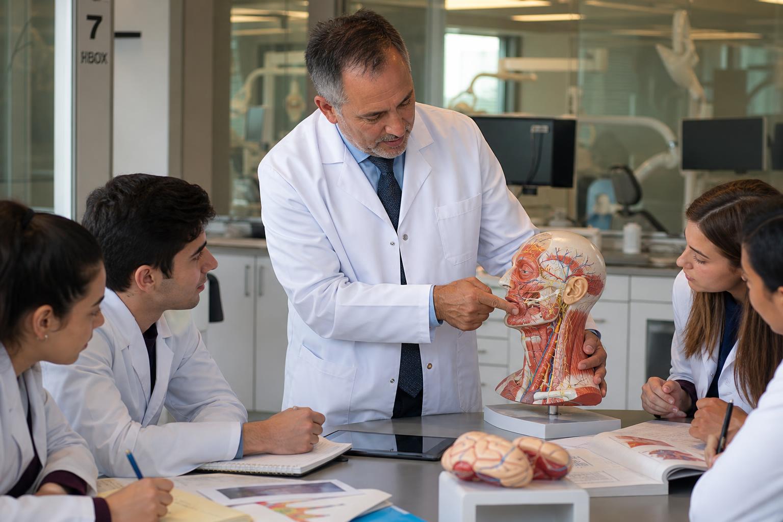 Professor de odontologia ensinando anatomia de cabeça e pescoço em aula prática